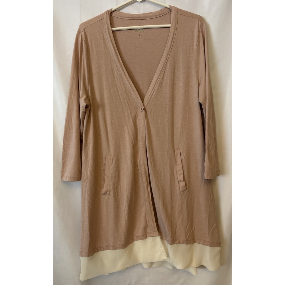 Logo Lori Goldstein‎ 1 Button Open Cardigan Womens L  Sheer Lace Hem 3/4 Sleeves